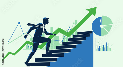 Business infographic showing a businessman climbing stairs with increasing rising graphs