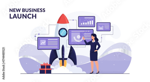 Business Launch Conceptualized: Rocket, Woman, Charts, And Idea Presentation In Action