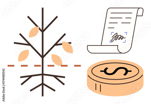 Tree with division line, legal document with signature, and dollar coin emphasizing financial planning, resource allocation, and sustainability. Ideal for investment, contracts, wealth management