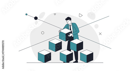 Business leader adding block to build strong foundation and achieve success illustration