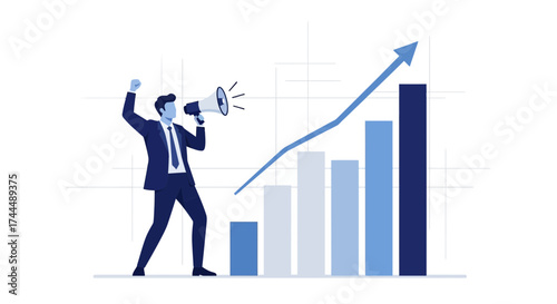 Business Leader Announcing Corporate Growth With Bar Graphs and Upward Trending Arrow