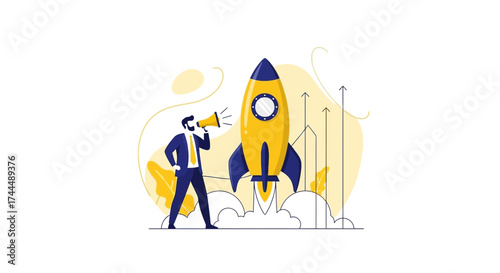 Business Leader Announces a Project Launch with Rocket Symbol and Growth Arrows Illustration