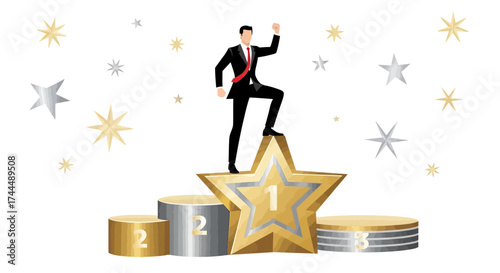 Business Leader Standing On Star Podium Celebrating Victory And Achievement With Style