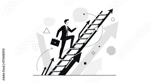 Business Man Ascending A Ladder To Success Moving Upwards Towards His Goals
