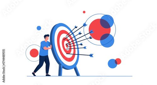 Business man aiming success towards the target with arrows and reaching goals
