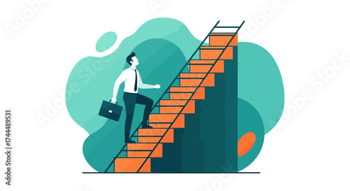 Business man climbing stairs representing success and career growth vector illustration