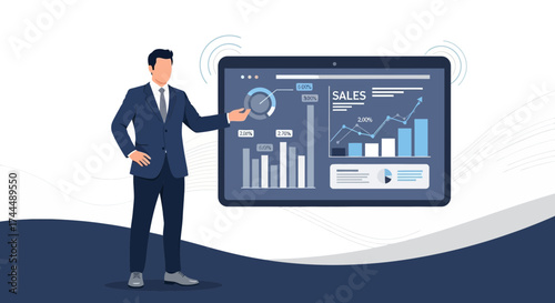Business man explaining sales growth graph data analysis on tablet presentation