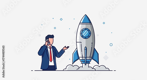 Business Man Launching Startup Rocket Calling Someone About His New Enterprise