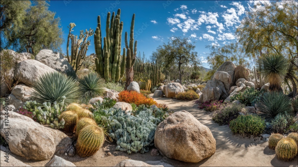 Fototapeta premium A lush desert garden showcases various cacti colorful blooms and large rocks under a bright blue sky. The scene captures the beauty of desert flora and serene pathways.