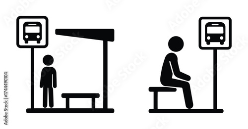 Bus stop, icon set, person waiting for transport, stick figure people