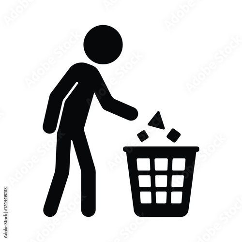 trash cans, throw away trash icon, stick figure people, isolated person
