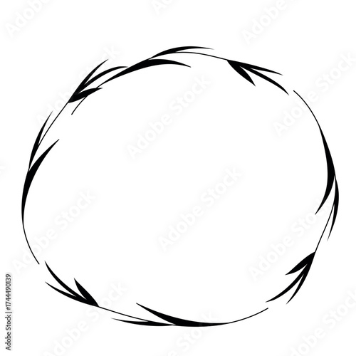 Hand drawn plants, dividers, wreaths, border frames. Circle floral frame with leaves on white background. Vector hand drawn illustration for wallpaper, posters, card. Copy space. Doodle style.