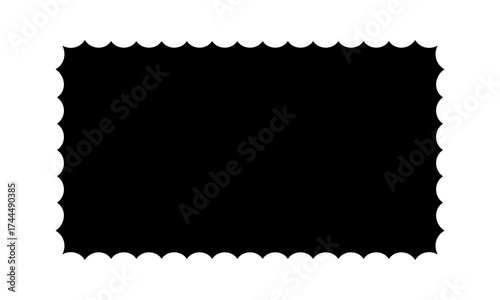Rectangle shape with wavy edges. Geometric rectangular form with undulated borders. Black textbox, tag or label isolated on white background. Vector graphic illustration.