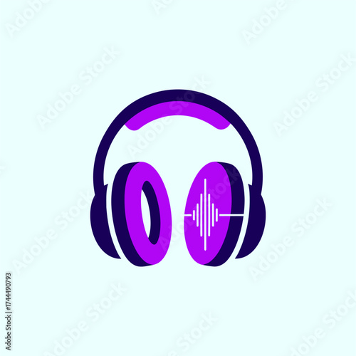 Purple and White Headphones Icon with Sound wave