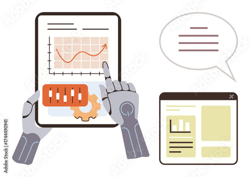 Robotic hands examining tablet with data charts, graphs, and settings icon, speech bubble, and webpage mockup. Ideal for AI, technology, automation, innovation analytics machine learning digital