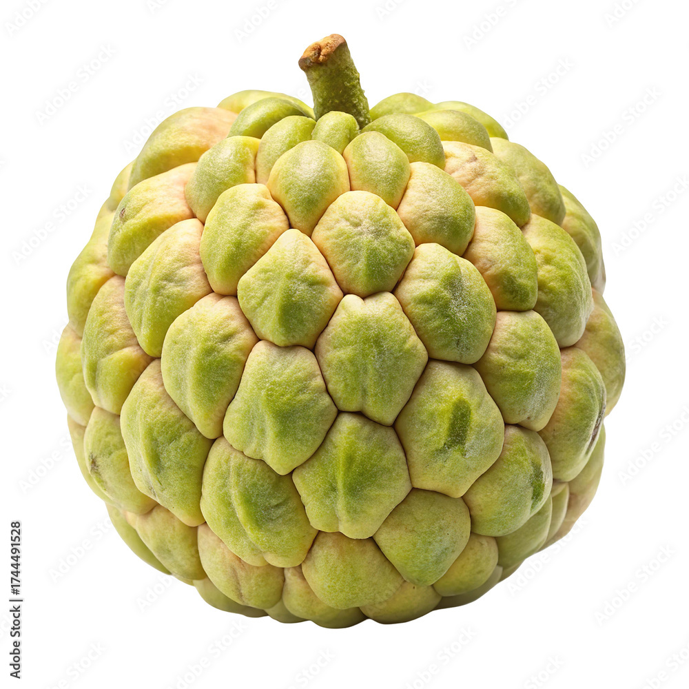 Fototapeta premium A ripe custard apple fruit with a textured green exterior isolated on transparent background