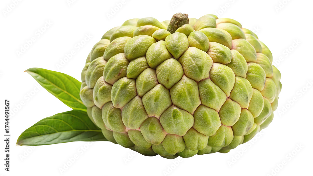 Obraz premium A ripe custard apple fruit with green leaves isolated on transparent background