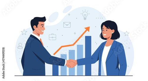 Business partnership handshake, success chart, growth, agreement, cooperation, and collaboration