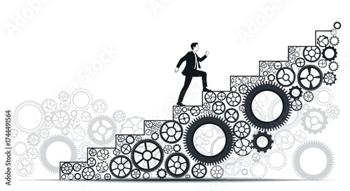Business Person Ascending Gear Staircase Illustrating Achievement and Corporate Progress