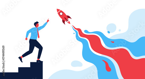 Business Person Ascending Steps with Rocket Launching Towards Great Success