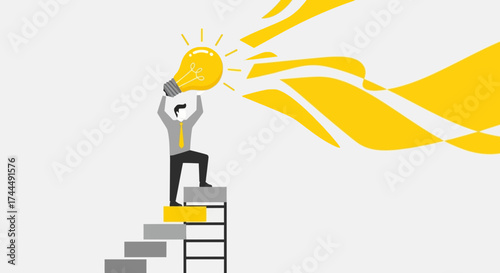 Business Person Ascending To Success with a Golden Light Bulb Concept Illustration