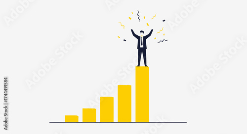 Business Person Celebrating Success On Top Of Financial Growth Bar Chart Illustration