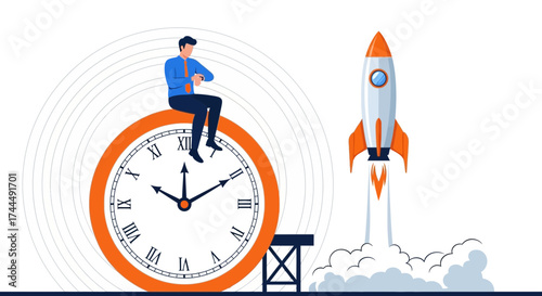 Business Person Observing Time as a Rocket Launches, Illustrating Speed and Progress
