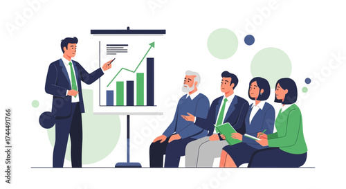 Business Presentation Illustrating Growth And Data Analysis To A Focused Audience