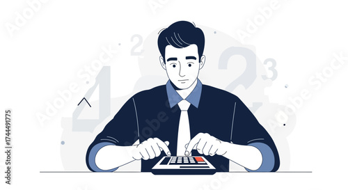 Business Person Working on Financial Calculations with Calculator and Numeric Background