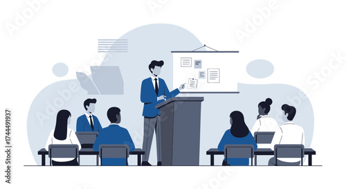 Business presentation in a meeting room with a speaker and audience