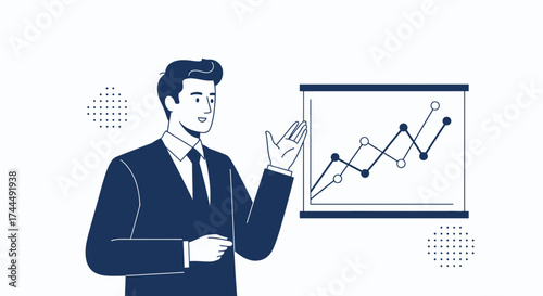 Business presentation illustration with a businessman showing a financial growth graph