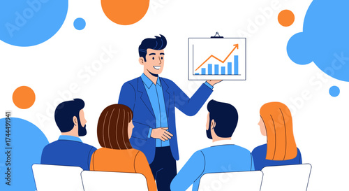 Business Presentation: Illustrative Depiction of a Business Team with Growth Chart Presentation