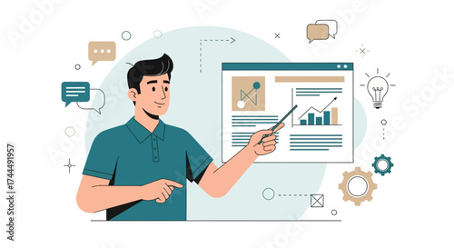 Business presentation illustration with a man pointing at a graph with a presentation