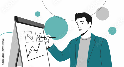 Business presentation illustration, man drawing on a board explaining with charts, business plan