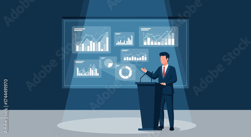 Business Presentation Involving Business Graphs And Charts Is A Modern Illustration