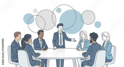 Business Presentation Meeting Illustration with Team Members and Circle Shapes