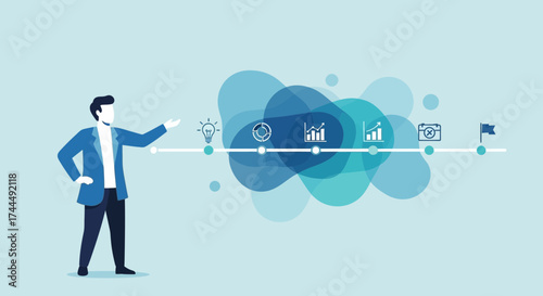 Business presentation of charts and progress with an illustrated businessman explaining the data flow