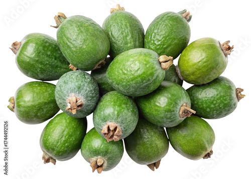 A pile of fresh green feijoa fruits showing their unique shape and texture isolated on transparent background