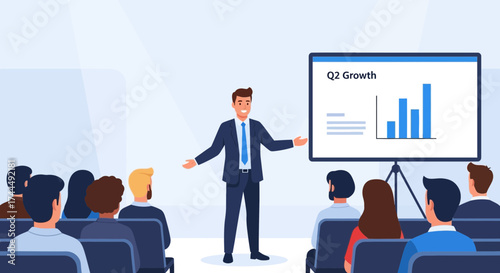 Business Presentation: Analyst Displays Growth Charts During An Audience Meeting Regarding Profits