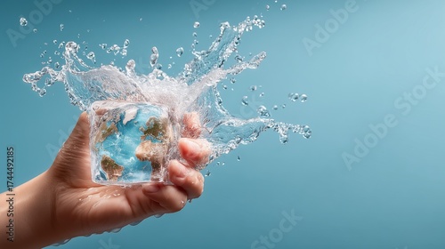A hand holds an ice cube globe splashing water playfully.
