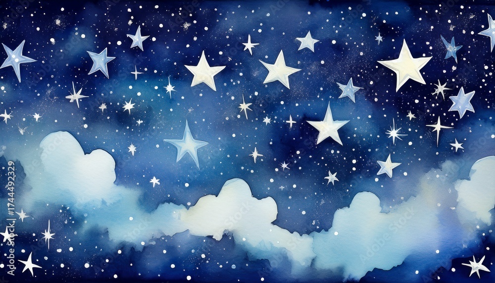 Fototapeta premium abstract watercolor painting of a starry night sky with white stars scattered on a dark blue background