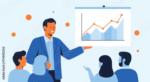 Business Presentation Depicting Growth, Success, and Teamwork in a Modern Flat Vector Style