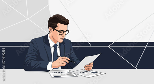 Business Professional Analyzing Documents at the Desk, Concentrated and Focused on Data