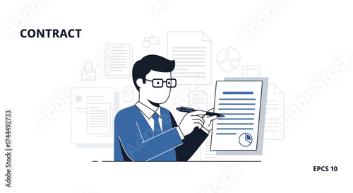 Business Professional Drafting Agreement: Illustration Depicting Contract Signing And Approval