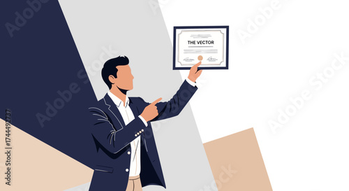 Business Professional Displays And Presents Achievement Certificate In Vector Illustration Style