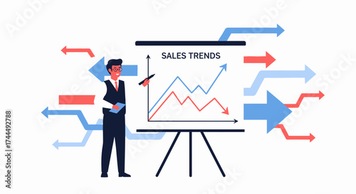 Business professional gives presentation about sales trends analysis and business strategy