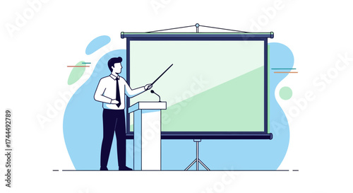 Business professional gives a presentation on a projector screen at a conference or seminar