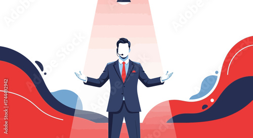 Business professional in a well lit environment with open arms and microphone