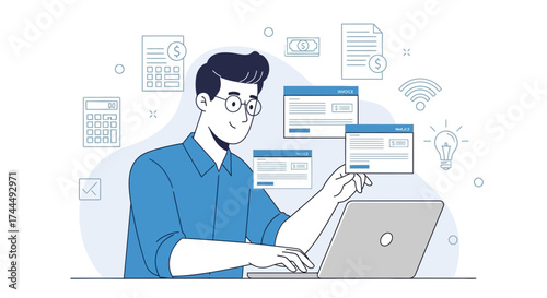 Business Professional Managing Invoices and Finances Using Modern Technology Systems