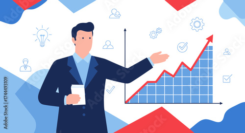 Business professional presenting a growth chart representing financial success and progress visualization
